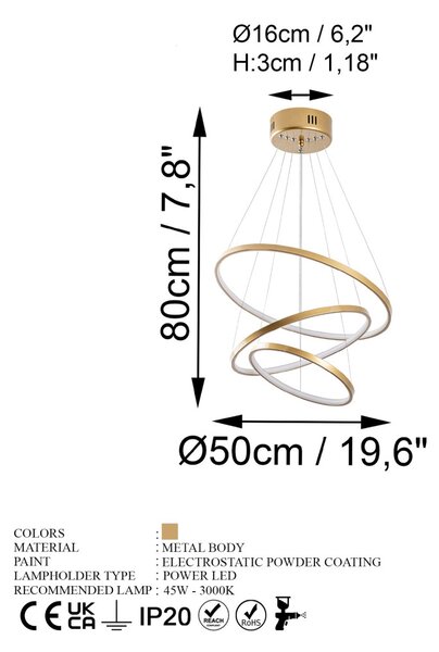 Simit 13700 arany fém LED függőlámpa, 50 x 50 cm