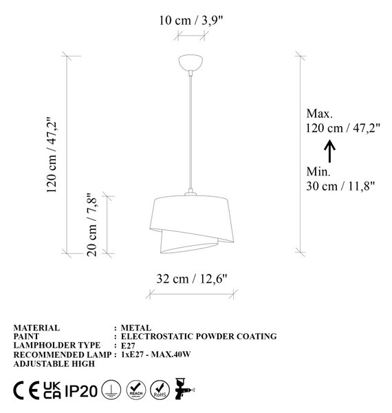 Stage 14704 fehér fém és szövet függőlámpa, Ø32 cm