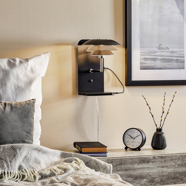 Fali Lámpa Dyberg Larsen, DL20 USB Shelf, dimmable, Fekete, Hálószoba, Fém, Skandináv