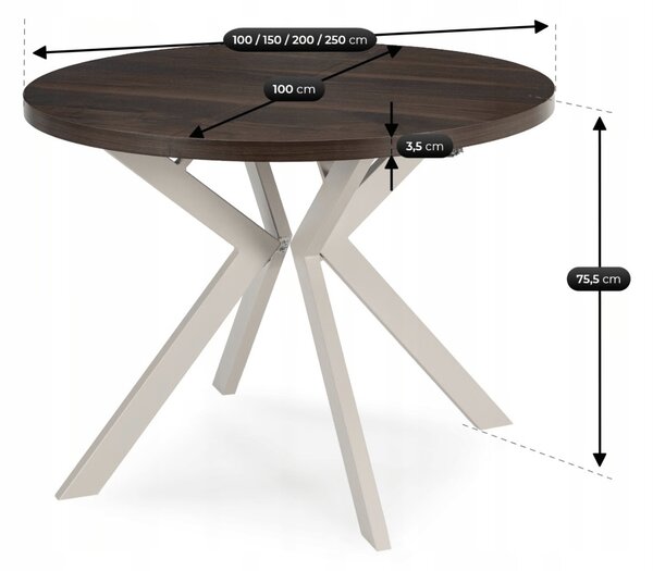 JAKS LUKAS bővíthető kerek étkezőasztal 100–250 cm – dió / kasmír