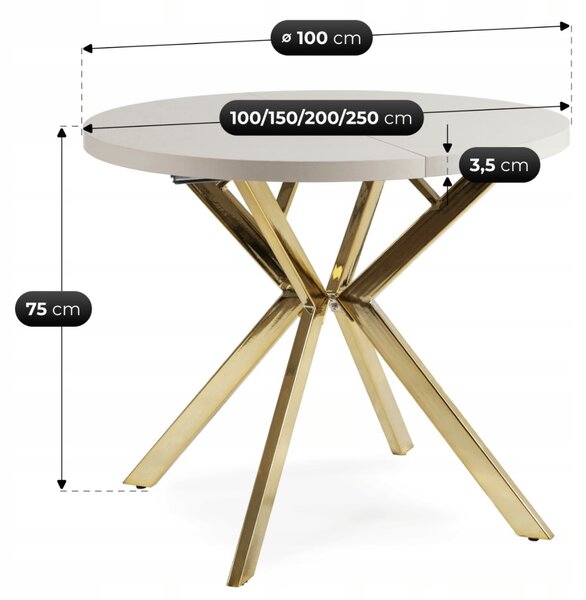 JAKS LUKAS bővíthető kerek étkezőasztal 100–250 cm – kasmír / arany