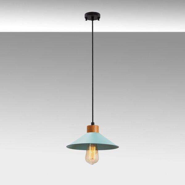 GMN-00005 kék fém függőlámpa fa alappal, Ø24 cm