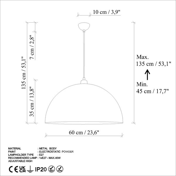KURE-60-236 Retro antikolt fém függőlámpa, Ø60 cm