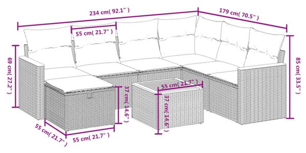 Polyrattan Kerti Ülőgarnitúra - 8 részes - Szürke