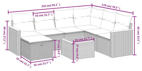 Polyrattan Kerti Ülőgarnitúra - 8 részes - Szürke