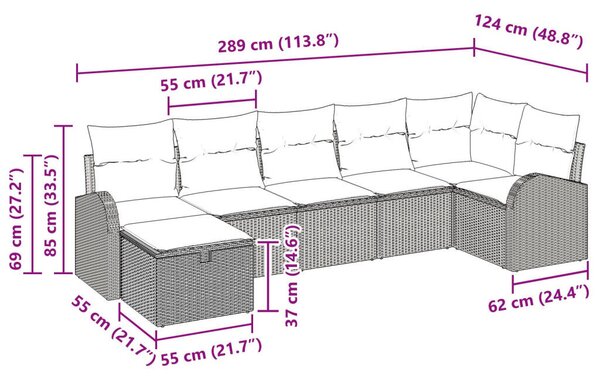 7 darabos kert kanapé készlet párnákkal szürke poli rattan