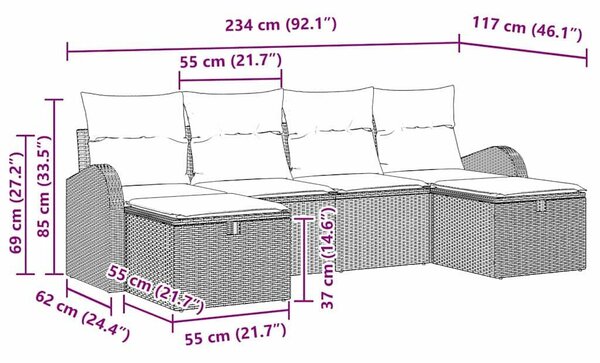 6 darabos Kerti Kanapészett Párnákkal Fekete Poli Rattan