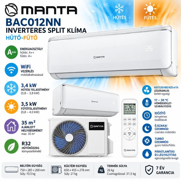 MANTA BAC012NN A++ inverteres hűtő-fűtő split klíma 3.5 kw WIFI 7 év