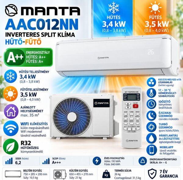 MANTA AAC012NN A++ inverteres hűtő-fűtő split klíma 3.5kw WIFI előkészítéssel