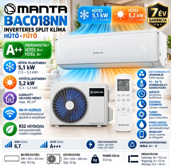 MANTA BAC018NN A++ inverteres hűtő-fűtő split klíma 5 kw WIFI 7 év