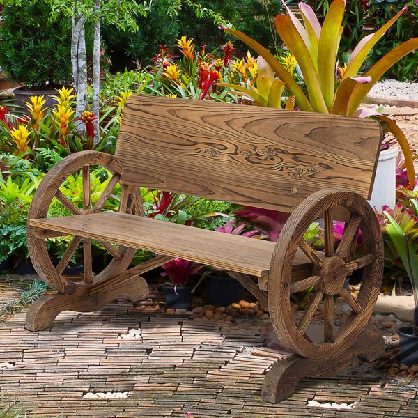 Kerti pad kocsikerék karfákkal, rusztikus pad, tömör fa, barna, 114 x 58 x 80 cm