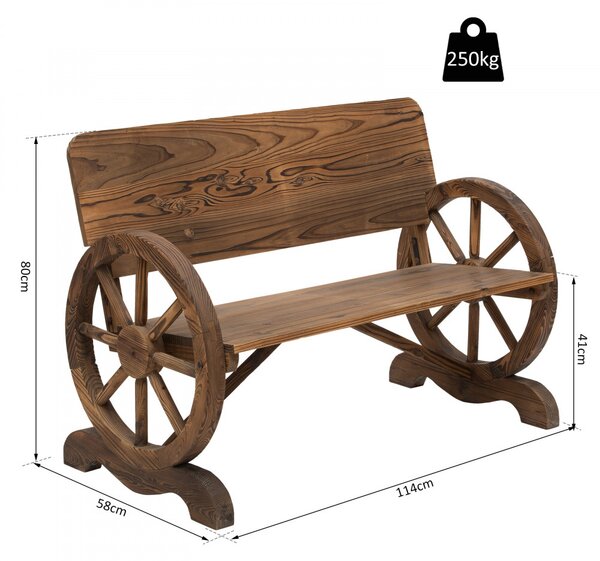 Kerti pad kocsikerék karfákkal, rusztikus pad, tömör fa, barna, 114 x 58 x 80 cm