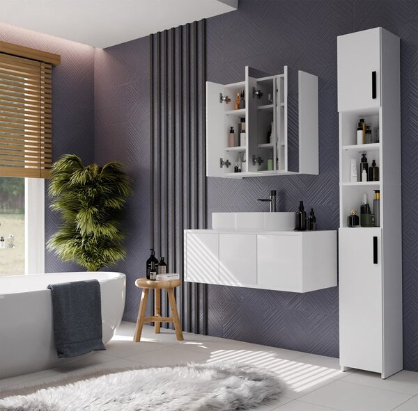 Aldabra Pola 3L függesztett fürdőszobai szekrény 3 tükörrel, mosdó fölé, 3 ajtó, fehér