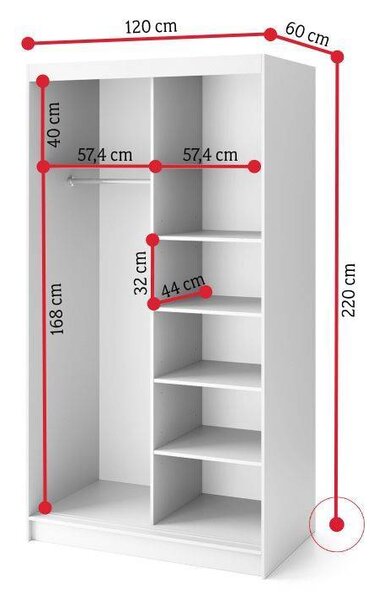 BIAMO 2 tolóajtós ruhásszekrény tükörrel, 120x220x60, fehér/fehér matt