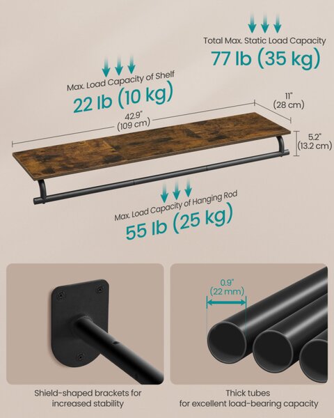 SONGMICS fali ruhafogas polccal és rúddal rusztikus barna és tintafekete 109 x 28 x 13,2 cm