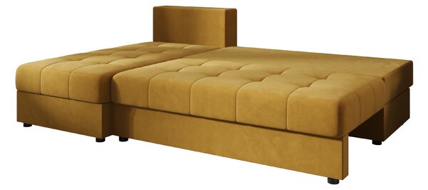 Ágyazható, kétoldalas L alakú kanapé VENORIA SLIM 200x143 cm, mustár színű + 2 db díszpárna INGYEN