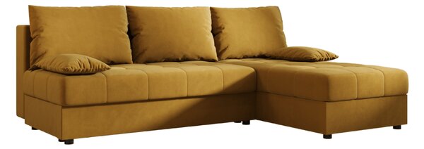 Ágyazható, kétoldalas L alakú kanapé VENORIA SLIM 200x143 cm, mustár színű + 2 db díszpárna INGYEN
