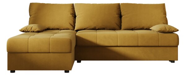 Ágyazható, kétoldalas L alakú kanapé VENORIA SLIM 200x143 cm, mustár színű + 2 db díszpárna INGYEN