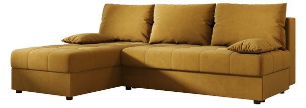 Ágyazható, kétoldalas L alakú kanapé VENORIA SLIM 200x143 cm, mustár színű + 2 db díszpárna INGYEN