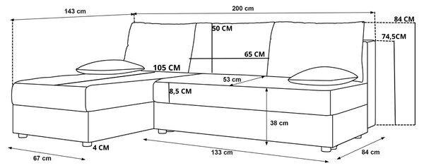 Ágyazható, kétoldalas L alakú kanapé VENORIA SLIM 200x143 cm, krém színű + 2 db díszpárna INGYEN