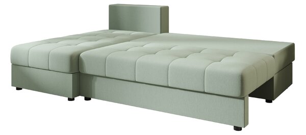 Ágyazható, kétoldalas L alakú kanapé VENORIA SLIM 200x143 cm, világoszöld színű + 2 db díszpárna INGYEN