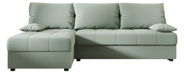Ágyazható, kétoldalas L alakú kanapé VENORIA SLIM 200x143 cm, világoszöld színű + 2 db díszpárna INGYEN