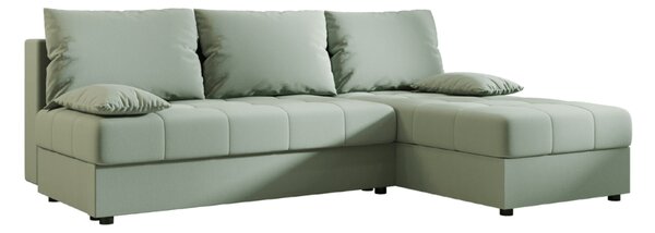 Ágyazható, kétoldalas L alakú kanapé VENORIA SLIM 200x143 cm, világoszöld színű + 2 db díszpárna INGYEN