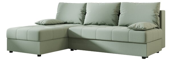 Ágyazható, kétoldalas L alakú kanapé VENORIA SLIM 200x143 cm, világoszöld színű + 2 db díszpárna INGYEN