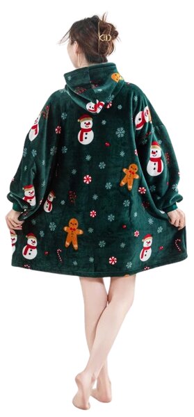 SNOWMAN AND GINGERBREAD zöld báránybunda hatású kapucnis, ujjas pléd