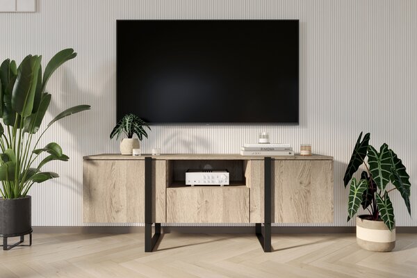 Verica 150 cm-es TV-szekrény nyitott polccal - szivacsos tölgy / fekete lábak