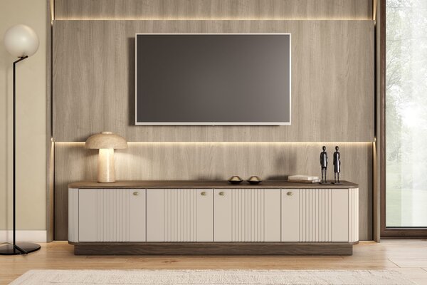 Vesper 4D TV-szekrény 187 cm talapzaton - kasmír / dió / arany fogantyúk