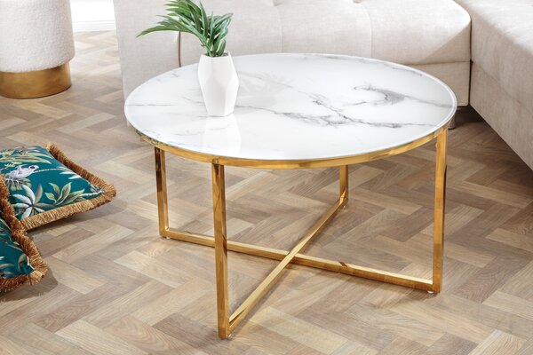 ELEGANCE dohányzóasztal 80 cm márvány megjelenésű fehér arany lábakkal