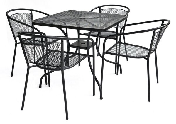 ROJAPLAST ZWMT-80 SET fém kerti asztal napernyőlyukkal, 4 db székkel - fekete ()