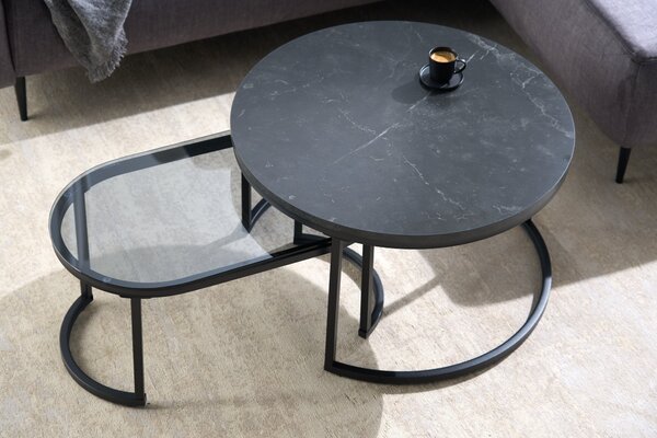 ELEGANCE dohányzóasztal 70 cm-es 2 db márvány megjelenésű és füstüveg fekete készlet