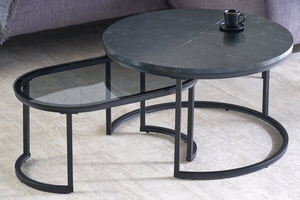 ELEGANCE dohányzóasztal 70 cm-es 2 db márvány megjelenésű és füstüveg fekete készlet