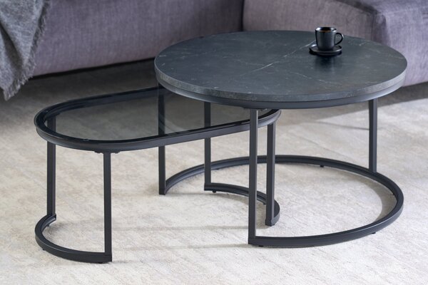 ELEGANCE dohányzóasztal 70 cm-es 2 db márvány megjelenésű és füstüveg fekete készlet