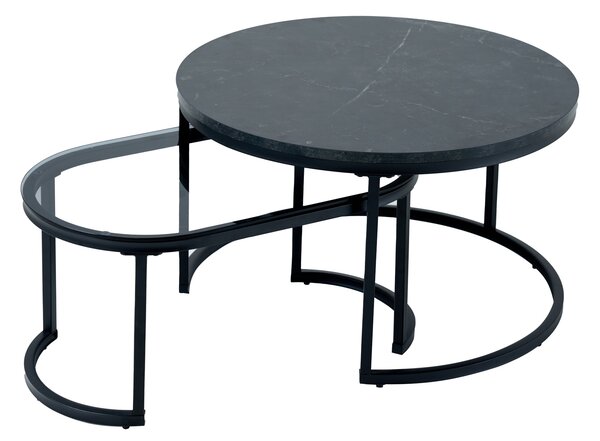 ELEGANCE dohányzóasztal 70 cm-es 2 db márvány megjelenésű és füstüveg fekete készlet