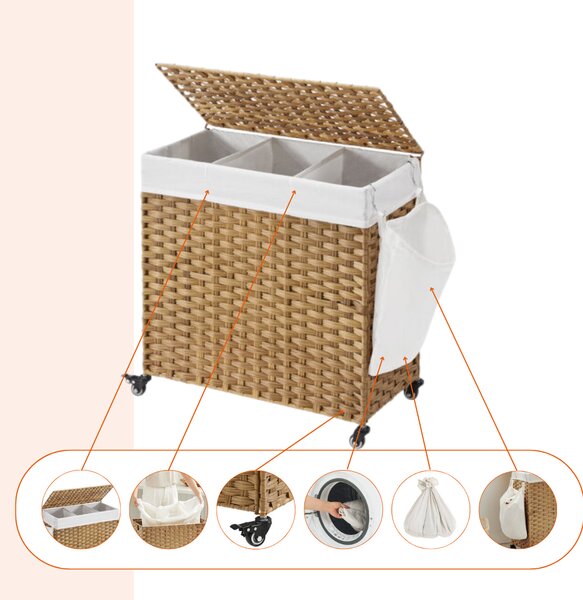 AVA műrattan ruháskosár kerekekkel, 140l, természetes barna SongmicsHome