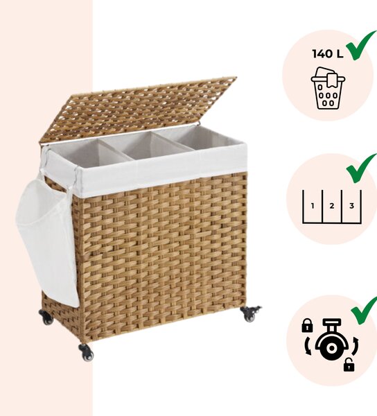 AVA műrattan ruháskosár kerekekkel, 140l, természetes barna SongmicsHome