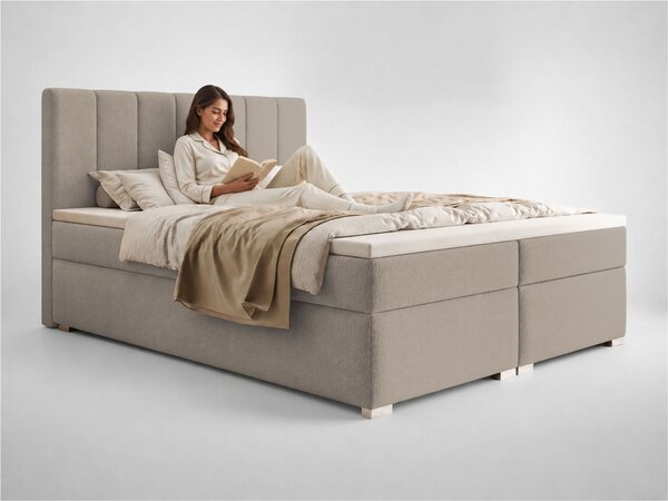 CANIRA kárpitozott boxspring franciaágy ágyneműtartóval 140x200 - bézs