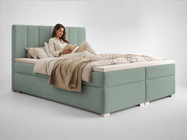CANIRA kárpitozott boxspring franciaágy ágyneműtartóval 140x200 - mentazöld
