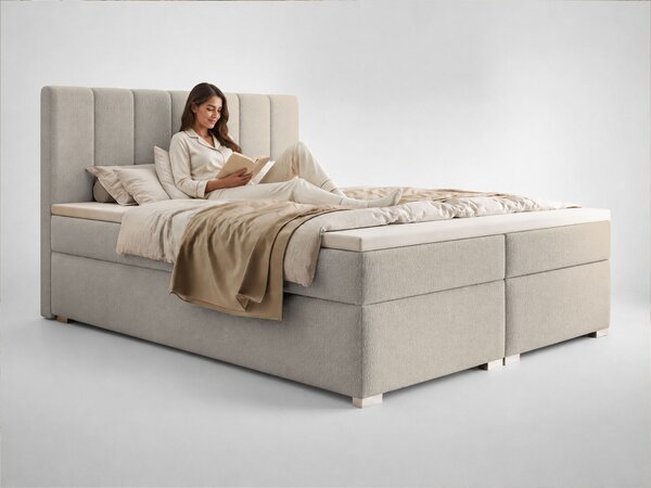 CANIRA kárpitozott boxspring franciaágy ágyneműtartóval 140x200 - krémszínű