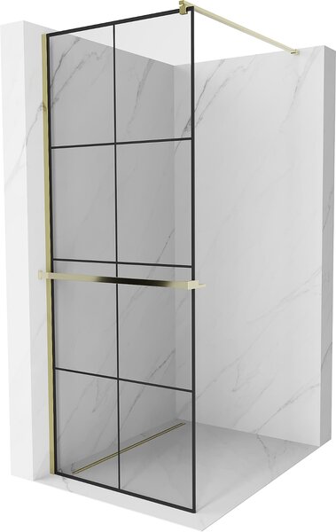 Mexen Kioto +, zuhany paraván polccal és törölközőtartóval 70 x 200 cm, 8mm átlátszó üvegmintás fekete, arany profil, 800-070-121-50-77