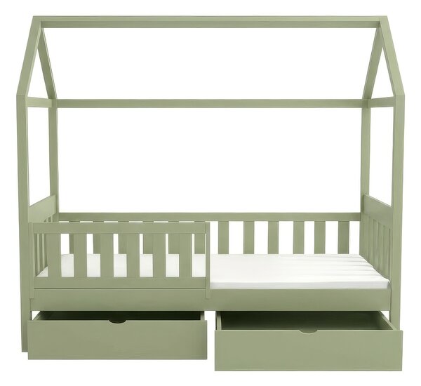 JOHNY házikó ágy leesésgátlóval és ágyneműtartóval 90x200 - olivazöld