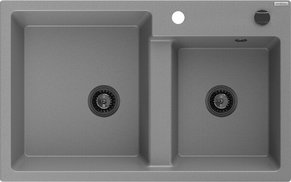 Mexen Tomas, gránit mosogató 800x500x190 mm, 2 kamrás, szürke, fekete szifonnal, 6516802000-71-B