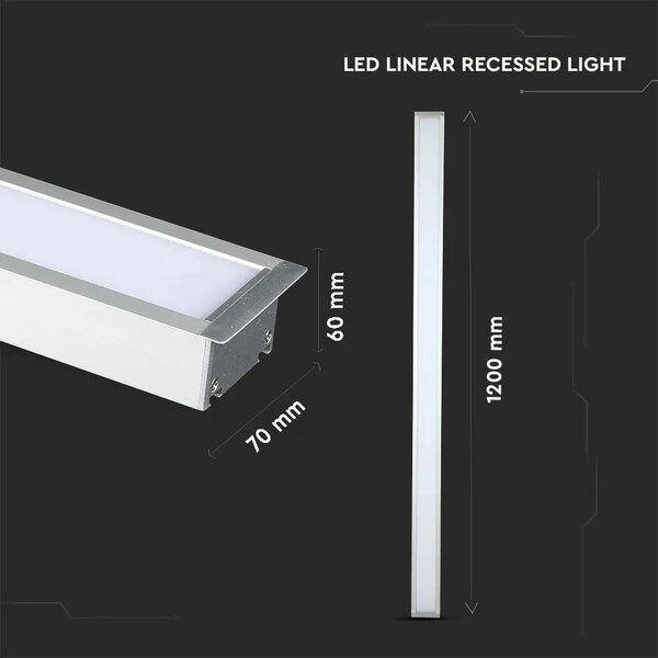 V-TAC ezüst 7 cm széles süllyeszthető lineáris LED lámpa 121cm 40W természetes fehér - SKU 21380