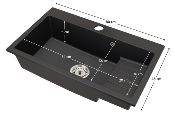 KONDELA Gránit mosogató szifonnal és csepegtető felülettel, fekete, 80x48, RONA