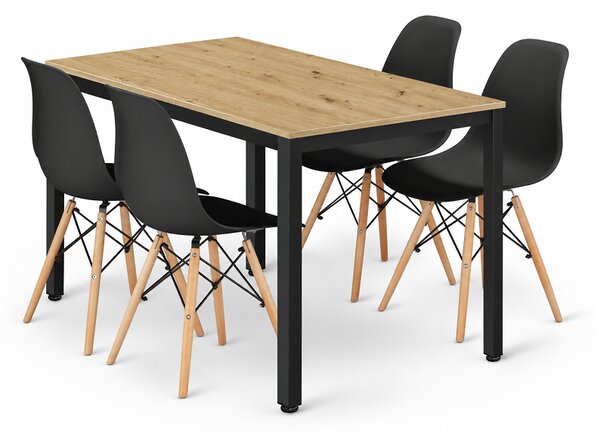 Szett: Étkezőasztal TESSA 120×60 artisan tölgy/fekete + 4 db OSAKA szék, fekete/natúr lábak