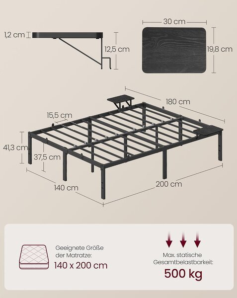 VASAGLE Fém Ágykeret Tárolópolcokkal, 140x200 cm, Max. 454 kg, Klasszikus Fekete - CONNER