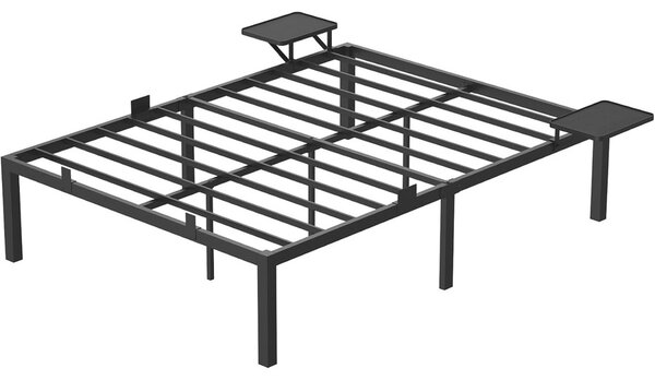 VASAGLE Fém Ágykeret Tárolópolcokkal, 140x200 cm, Max. 454 kg, Klasszikus Fekete - CONNER